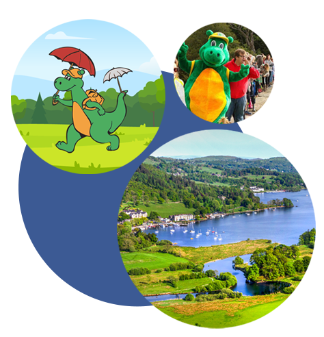 Montage: Bownessie walking in the Lakes, photo from meet Bownessie and aerial shot of Lake Windermere